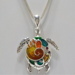 Colorful Sea Turtle bright enamel Pendant Silver Necklace